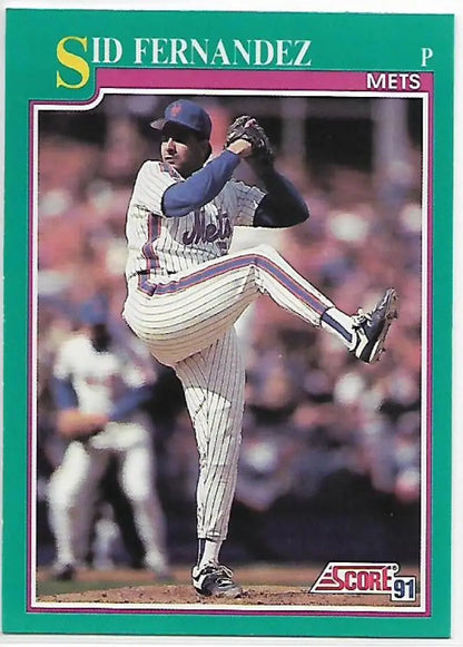 Baseball card of Sid Fernandez delivering a pitch in New York Mets pinstripes