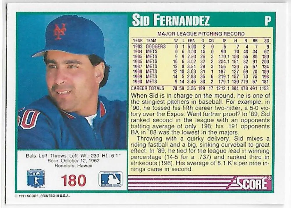 1991 Score baseball card of Sid Fernandez with New York Mets blue cap