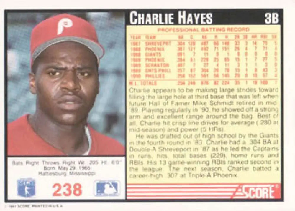 1991 Score #238 Charlie Hayes Baseball Card featuring Philadelphia Phillies player in red cap