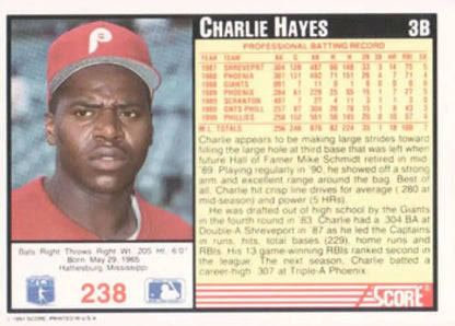 1991 Score #238 Charlie Hayes Baseball Card featuring Philadelphia Phillies player in red cap