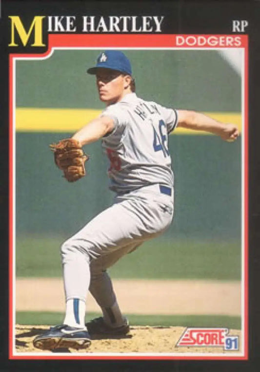 Baseball card of Mike Hartley in delivery for Los Angeles Dodgers in white uniform