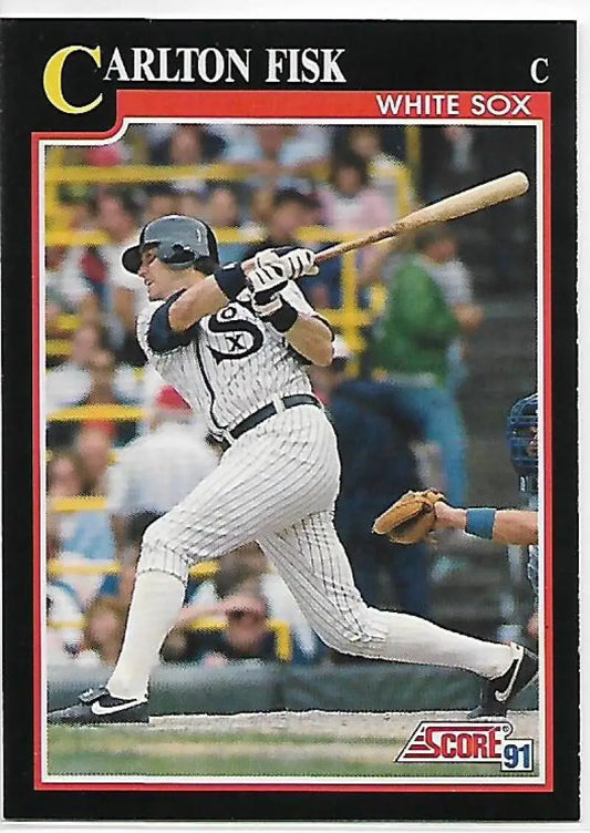 1991 Score Baseball Card of Carlton Fisk, Chicago White Sox Player at Bat in Pinstripes