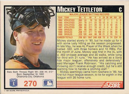 Mickey Tettleton Baltimore Orioles Baseball Card with black batting helmet design