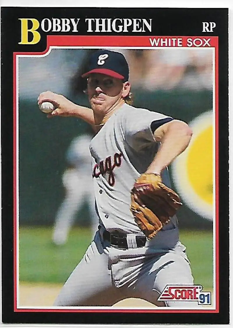 Baseball card of Bobby Thigpen in mid-throwing motion for Chicago White Sox