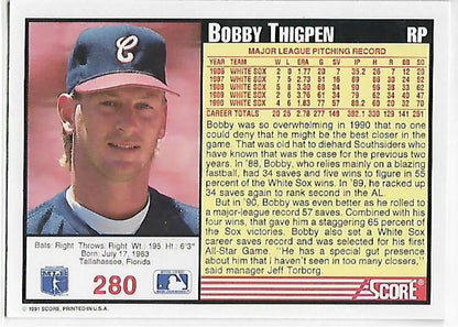 1991 Score #280 Bobby Thigpen Baseball Card featuring Chicago White Sox player