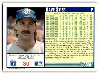 1991 Score #30 Dave Stieb baseball card for collectors of trading cards