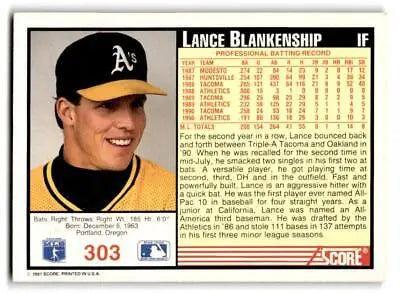 Lance Blankenship baseball card from 1991 Score #303 trading cards collection