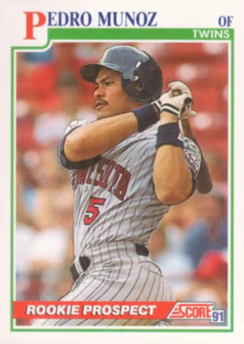 Baseball card of Pedro Munoz in gray Minnesota Twins uniform number 5 at bat