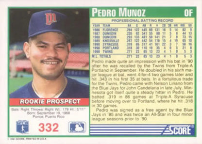 1991 Score Pedro Munoz Minnesota Twins Baseball Card with stats and biography on back