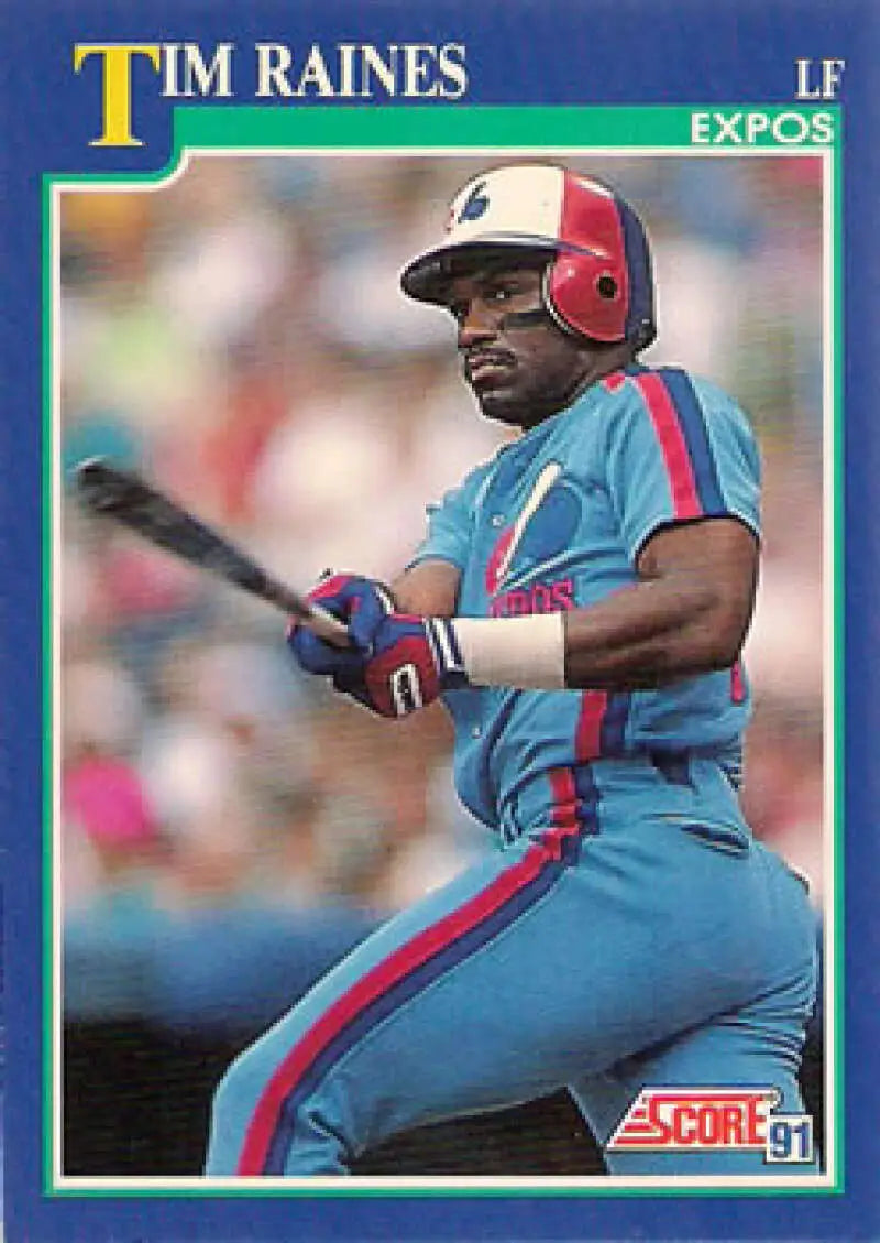 Tim Raines in light blue uniform at bat on Montreal Expos Baseball card