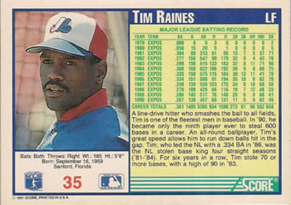 Tim Raines Montreal Expos Baseball Card from Score in blue and red uniform
