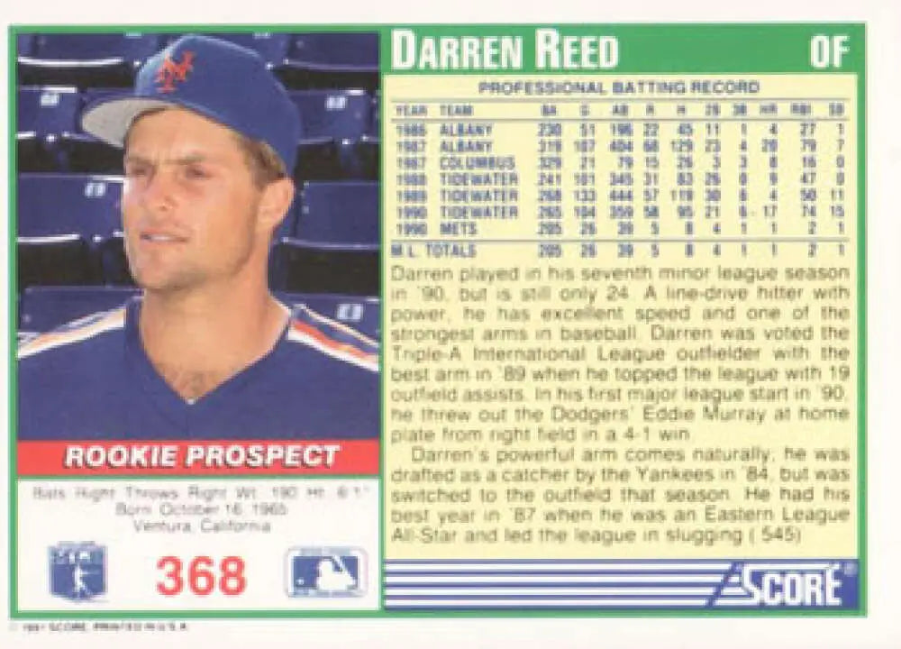 Baseball card featuring Darren Reed of the New York Mets in blue cap and jersey