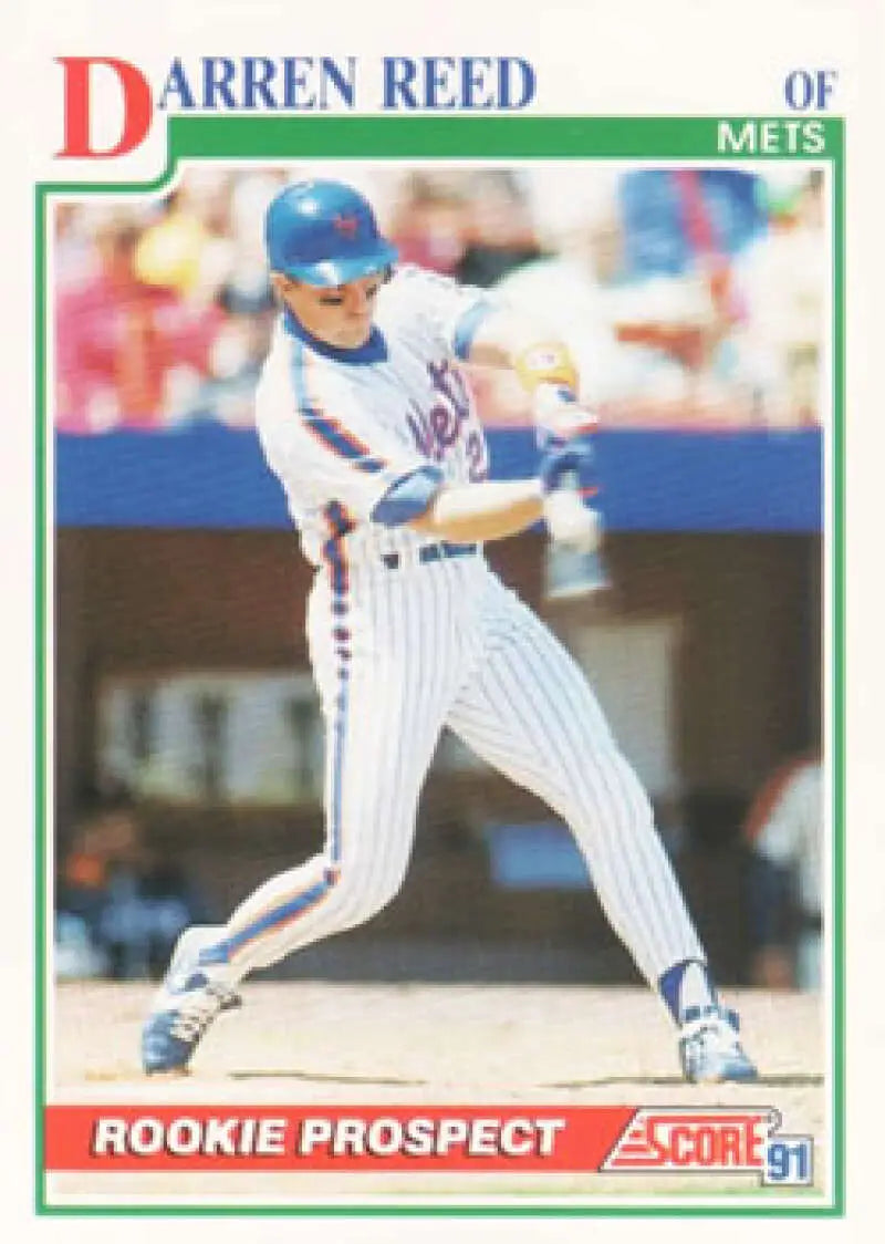 Darren Reed swinging bat on 1991 Score New York Mets Baseball Card in pinstripes