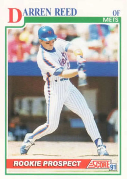 Darren Reed swinging bat on 1991 Score New York Mets Baseball Card in pinstripes