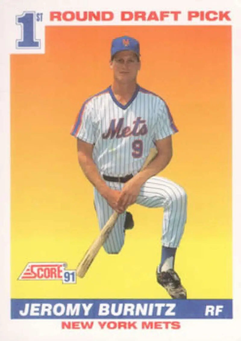 Jeromy Burnitz kneeling with a bat on his 1991 Score New York Mets Baseball Card