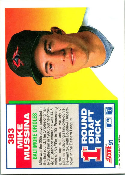 Mike Mussina Baltimore Orioles baseball card on red and yellow gradient background