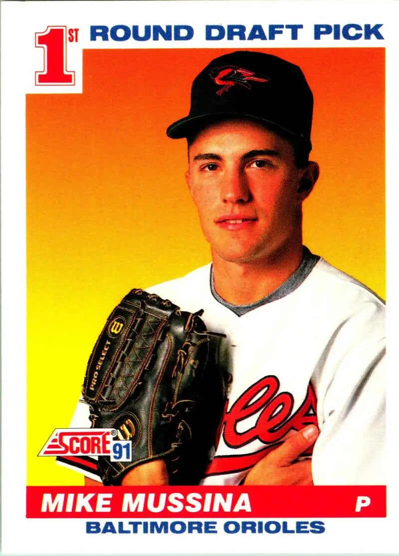 Baseball card of Mike Mussina, Baltimore Orioles pitcher in white uniform with glove