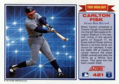 Baseball trading card of Carlton Fisk mid-swing in white uniform for Chicago White Sox