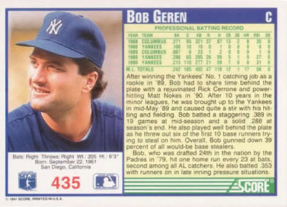 Bob Geren smiling on 1991 Score New York Yankees Baseball Card with navy cap