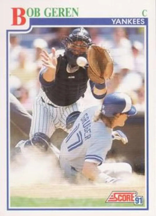 Baseball card of Bob Geren making a play at home plate for the New York Yankees