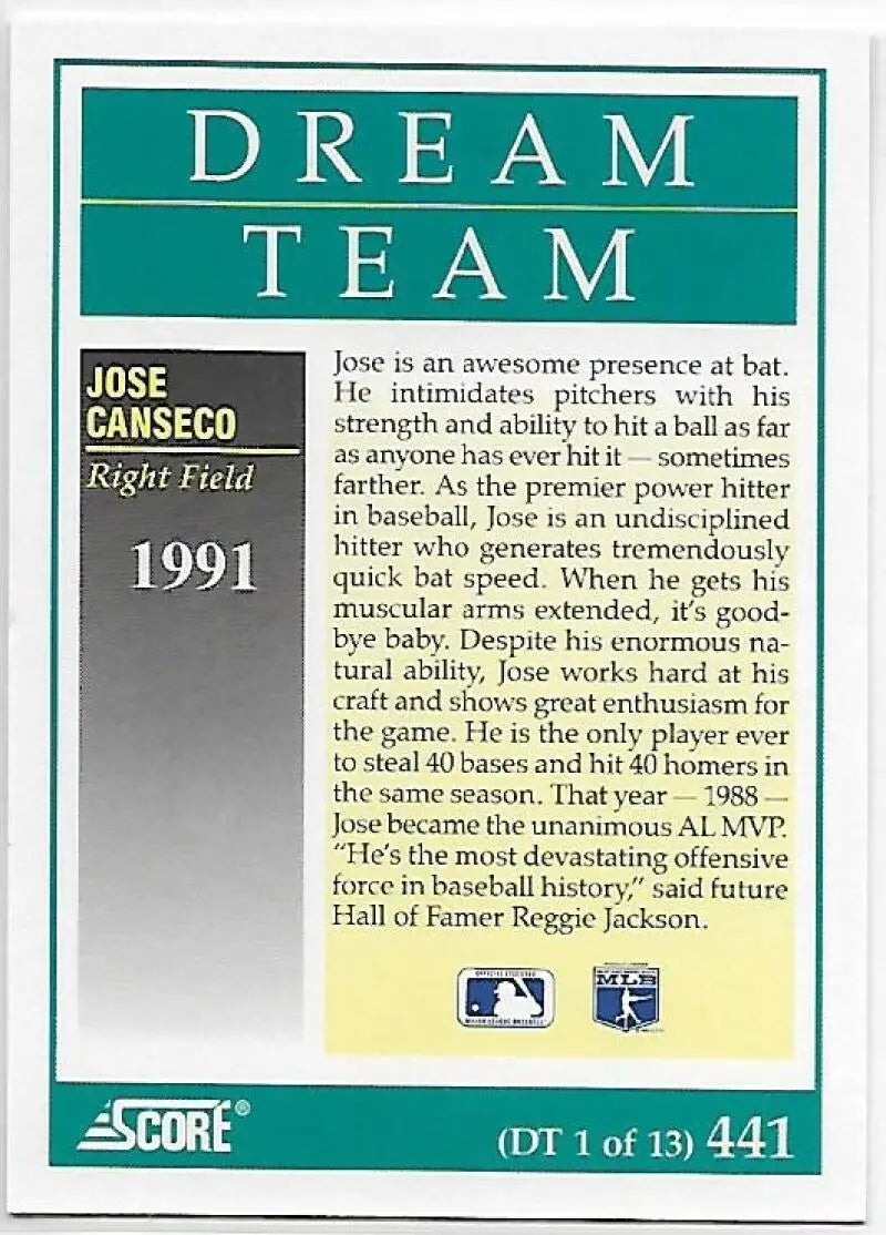 Baseball card featuring Jose Canseco from the 1991 Score Dream Team Oakland Athletics series