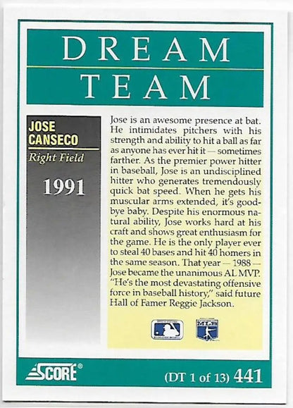 Baseball card featuring Jose Canseco from the 1991 Score Dream Team Oakland Athletics series