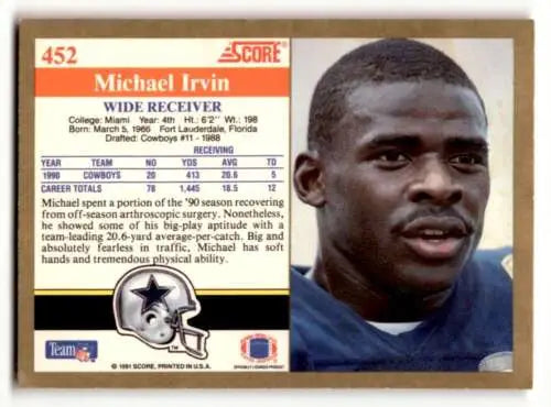 Michael Irvin Dallas Cowboys football card with original gloss, 1991 Score #452