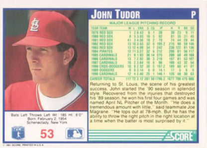 Baseball card of John Tudor featuring St. Louis Cardinals pitcher in red cap