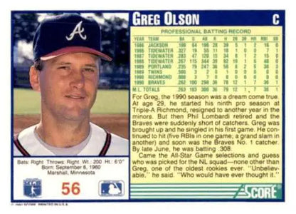 1991 Score #56 Greg Olson baseball card in EX/NM condition with original gloss