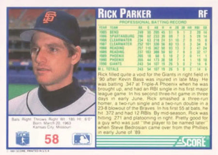 Rick Parker San Francisco Giants baseball card from 1991 Score featuring team cap