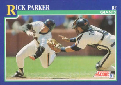 Baseball card of Rick Parker in a dramatic play at home plate for San Francisco Giants