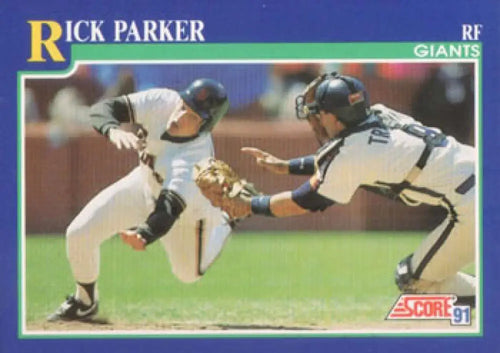Baseball card of Rick Parker in a dramatic play at home plate for San Francisco Giants