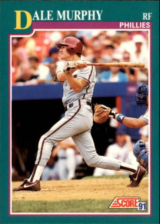 1991 Score #650 Dale Murphy swinging bat on Philadelphia Phillies baseball card