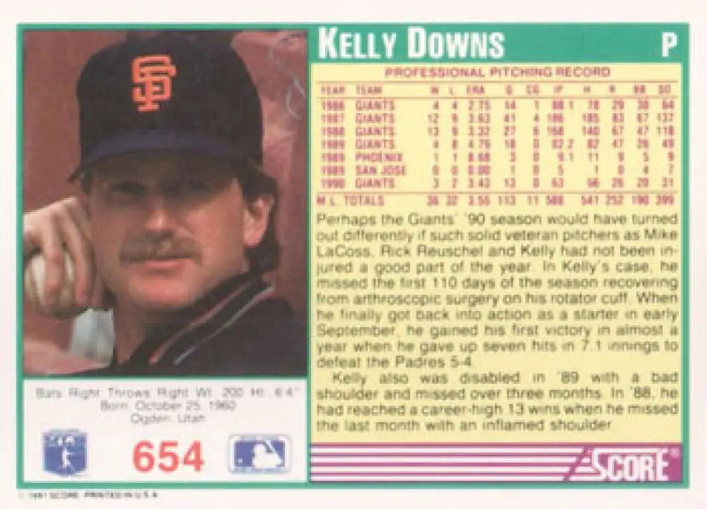 Baseball card of Kelly Downs in San Francisco Giants cap showcasing 1991 Score #654