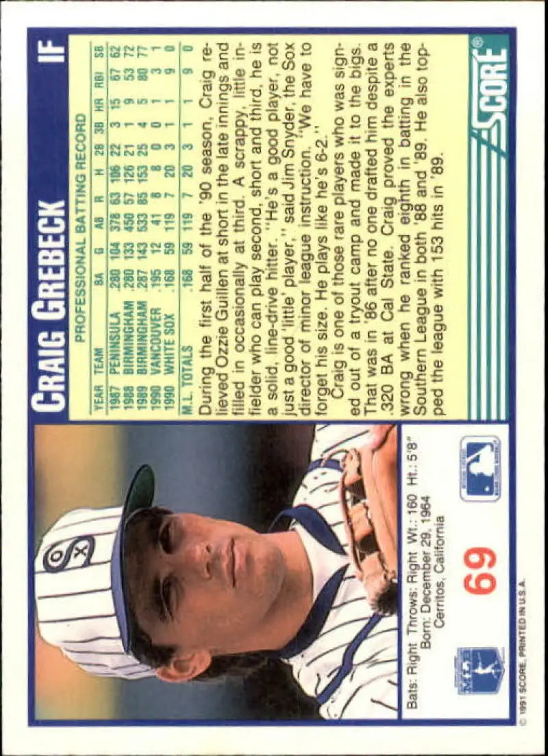 1991 Score Craig Grebeck Baseball Card featuring White Sox player and statistics on back