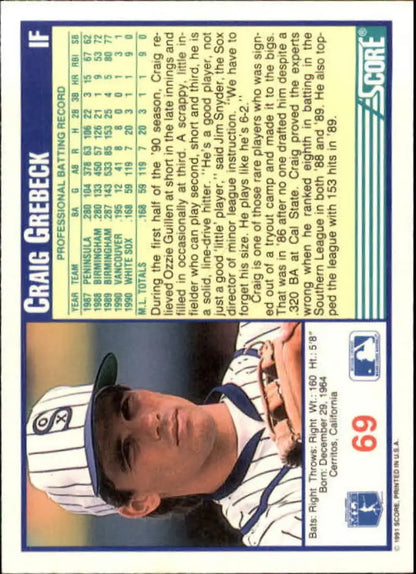 1991 Score Craig Grebeck Baseball Card featuring White Sox player and statistics on back