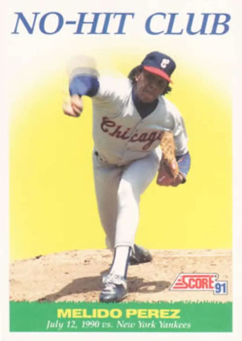 Baseball card of Chicago White Sox pitcher Melido Perez in delivery motion