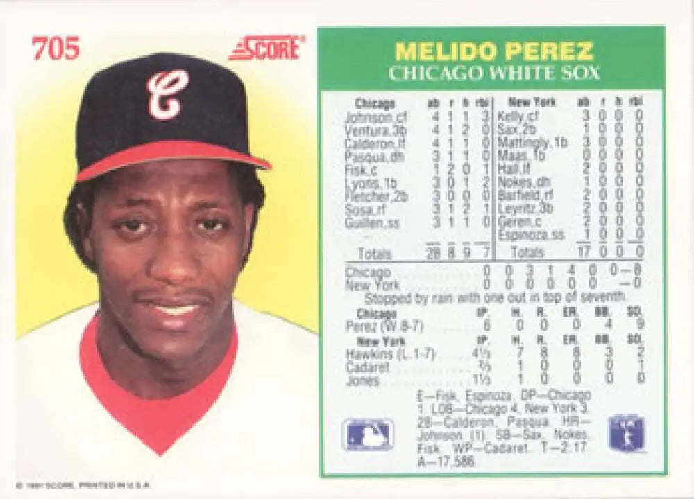 1991 Score Chicago White Sox baseball card of Melido Perez in red and black uniform