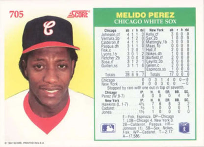1991 Score Chicago White Sox baseball card of Melido Perez in red and black uniform