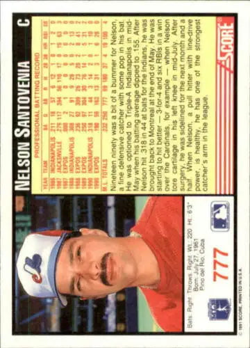 1991 Score #777 Nelson Santovenia card in original gloss, a collectible for savvy fans