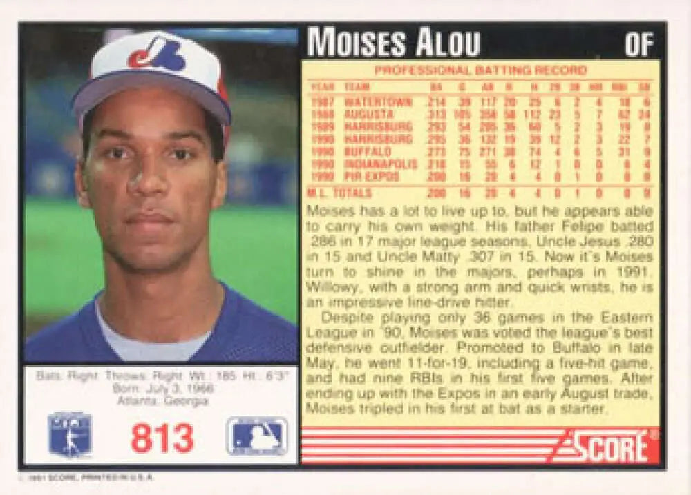 Moises Alou Montreal Expos baseball card from Score featuring outfielder in team cap