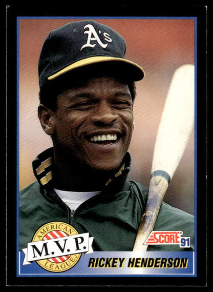 Rickey Henderson smiling in green jacket on 1991 Score Oakland Athletics baseball card