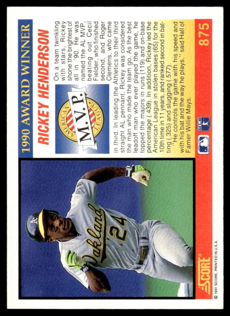Baseball card of Rickey Henderson in white uniform for Oakland Athletics, 1991 Score #875