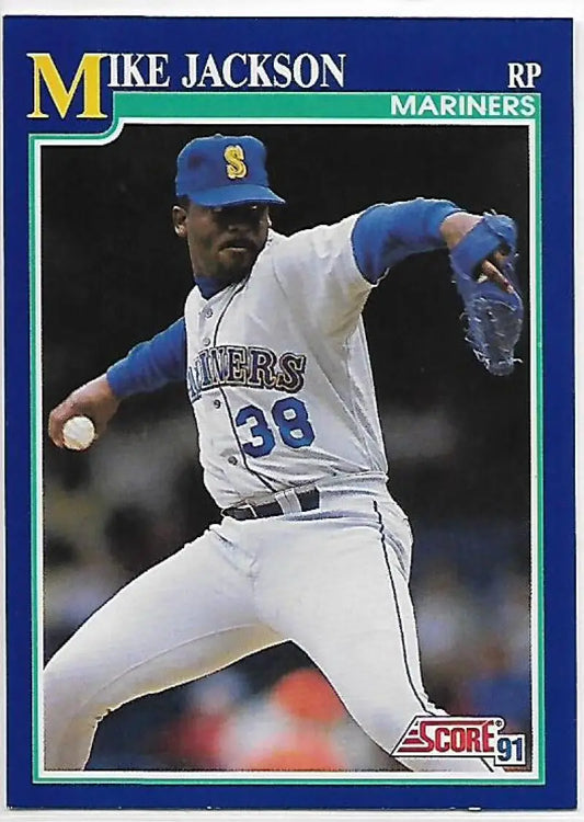 Baseball card of Mike Jackson, Seattle Mariners pitcher number 38 in mid-delivery