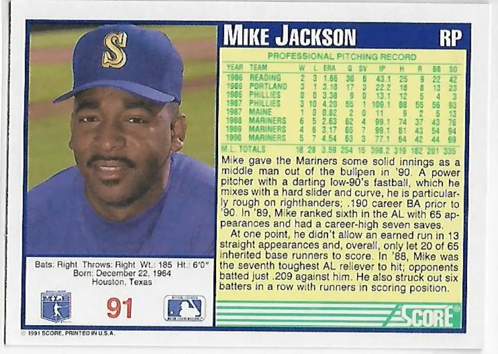 Mike Jackson Seattle Mariners Baseball Card featuring player in blue cap with S logo
