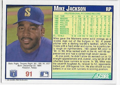 Mike Jackson Seattle Mariners Baseball Card featuring player in blue cap with S logo