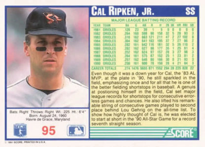 Cal Ripken Jr. wearing black cap on 1991 Score Baltimore Orioles Baseball Card