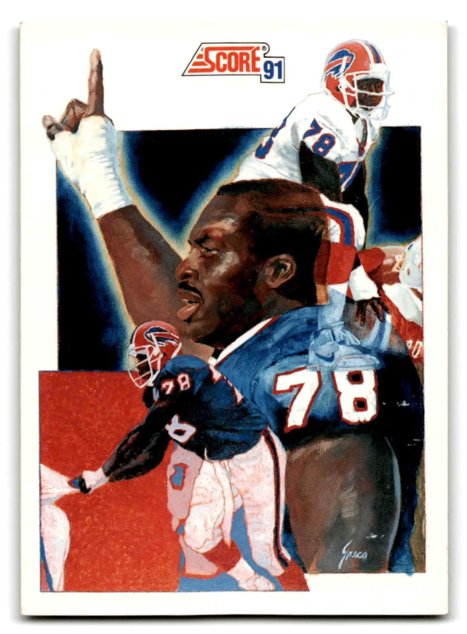 1991 Score Football Bruce Smith trading card displayed in Buffalo Bills memorabilia