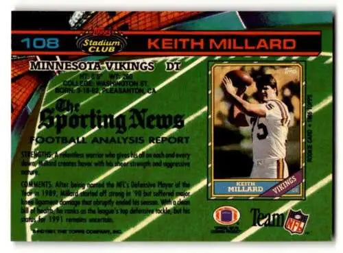 1991 Stadium Club #108 Keith Millard Minnesota Vikings Football Card with original gloss