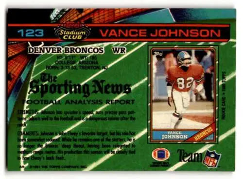 1991 Stadium Club #123 Vance Johnson Denver Broncos card with original gloss finish